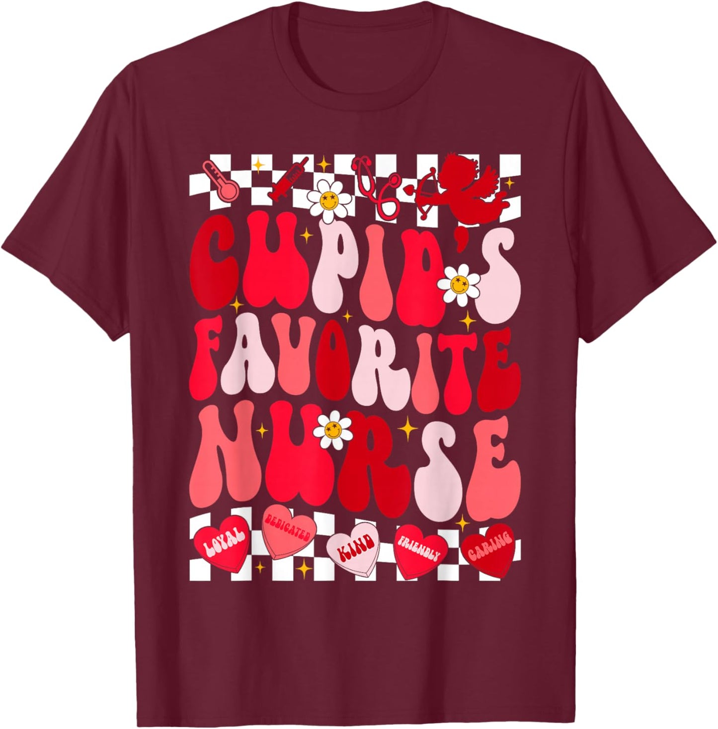 Cupid's Favorite Nurse Stethoscope & Hearts Valentines T-Shirt - T-Shirt | Maroon