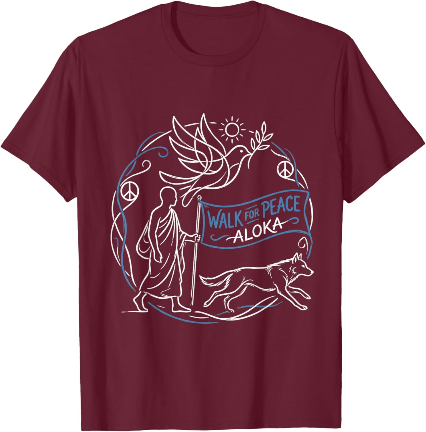 Buddhist Monk Walk for Peace Aloka Line Art Dove T-Shirt - T-Shirt | Maroon