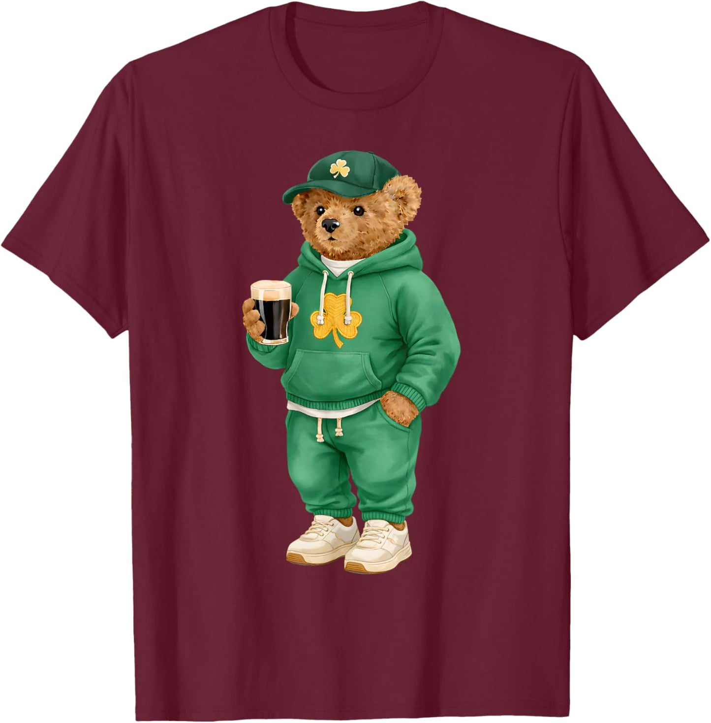 Cool Funny Teddy Bear Feeling Lucky Drinking St Patricks Day T-Shirt - T-Shirt | Maroon