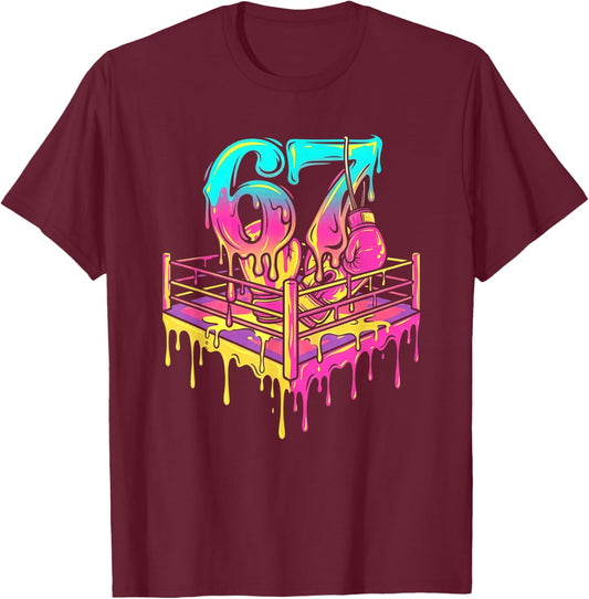 67 Meme Six Seven Boxing Gloves Ring Melt Drip Funny Number T-Shirt - T-Shirt | Maroon