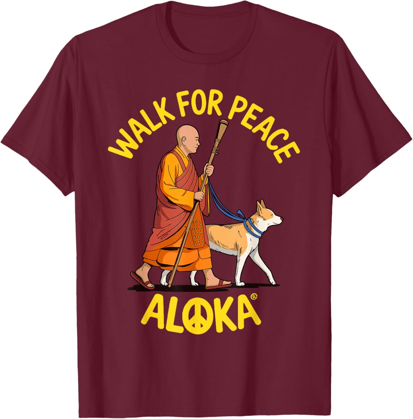 Walk for Peace Monks with Aloka Dog T-Shirt - T-Shirt | Maroon