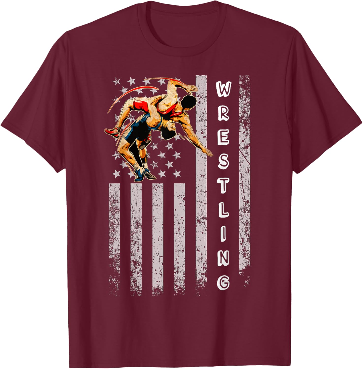 Wrestling American Flag Distressed Wrestle Men Boy T-Shirt - T-Shirt | Maroon