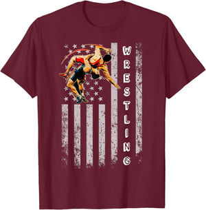 Wrestling American Flag Distressed Wrestle Men Boy T-Shirt - T-Shirt | Maroon