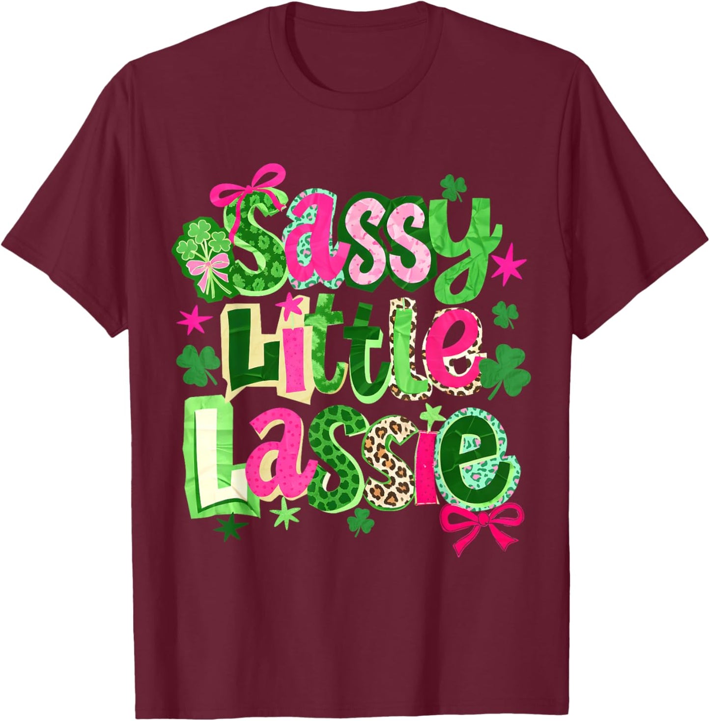St Patricks Day Sassy Little Lassie Kids Girls Bow Shamrock T-Shirt - T-Shirt | Maroon