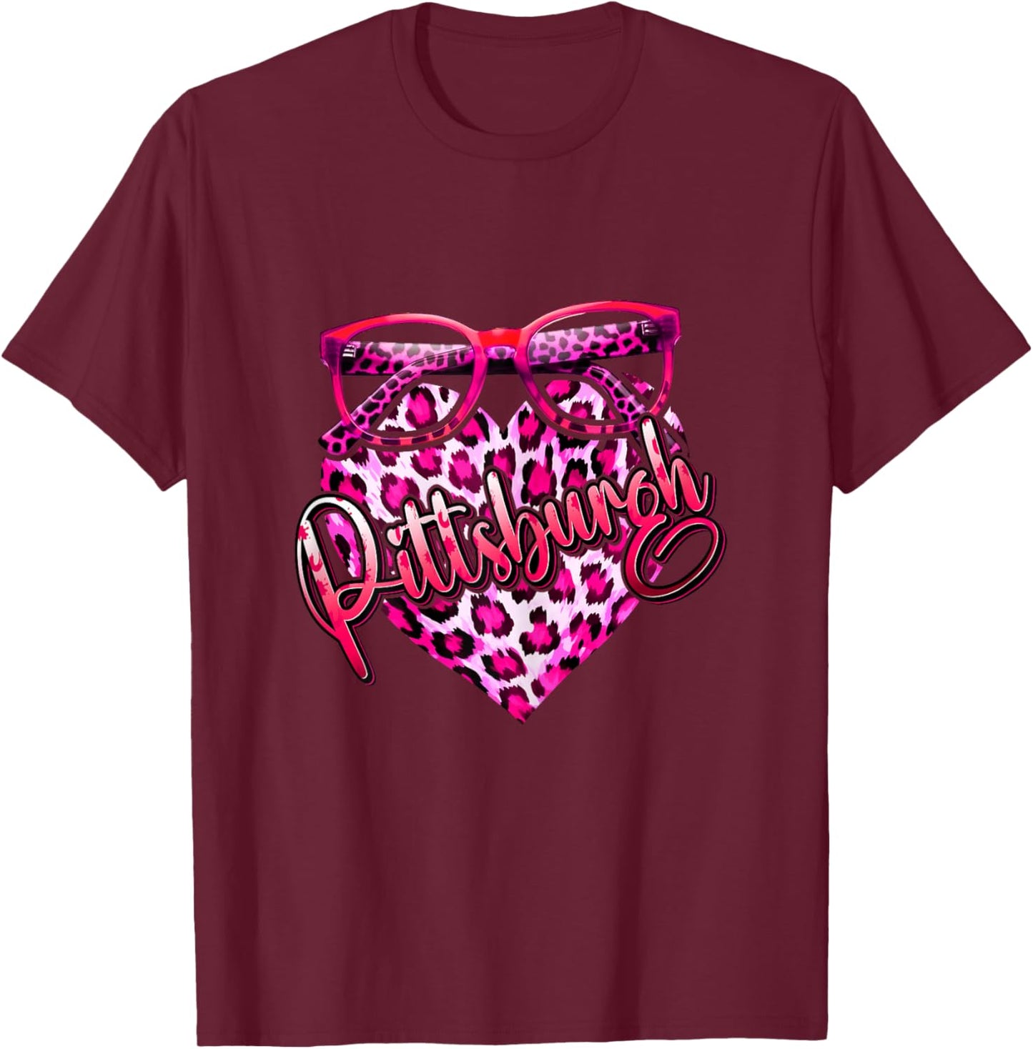 Pittsburgh Leopard Heart Pink Sunglasses Cool Stylish Women T-Shirt - T-Shirt | Maroon