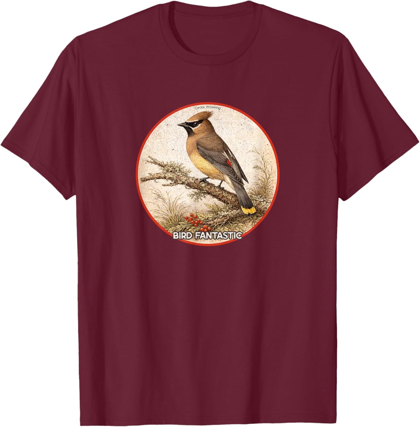 Colorful Retro Cedar Waxwing Bird Design T-Shirt - T-Shirt | Maroon