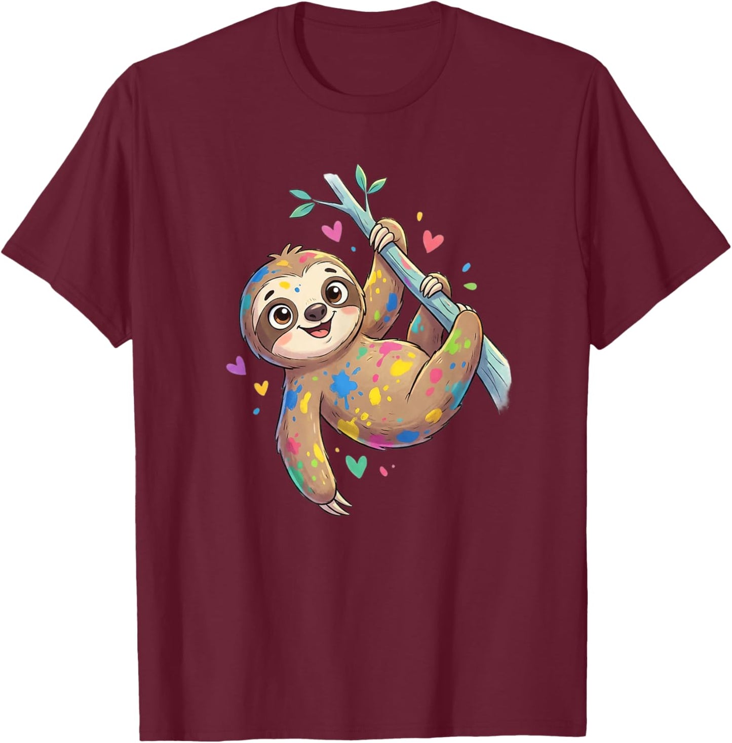 Cute Color Splash Sloth Hanging On Tree for Kids T-Shirt - T-Shirt | Maroon