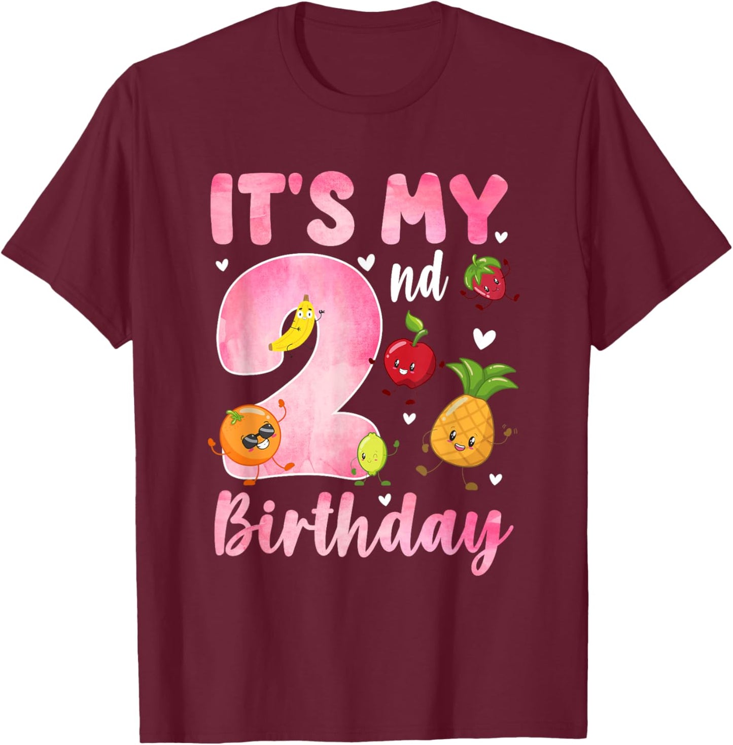 2 Year Old Girl It's My 2nd Birthday Dancing Fruit Theme T-Shirt - T-Shirt | Maroon
