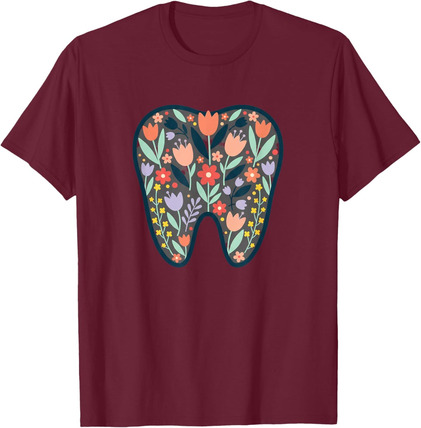 Floral Tooth Illustration Dentist Office Wall Art Nature Blo T-Shirt - T-Shirt | Maroon
