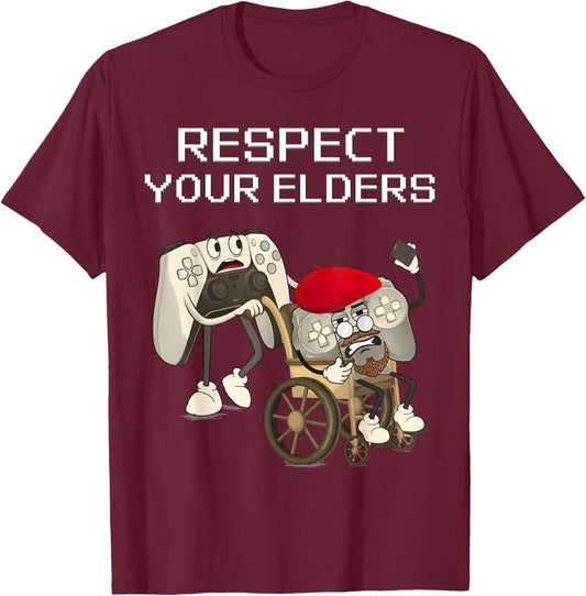 Respect Your Elders Gaming Control Retro Funny Gamer T-Shirt - T-Shirt | Maroon
