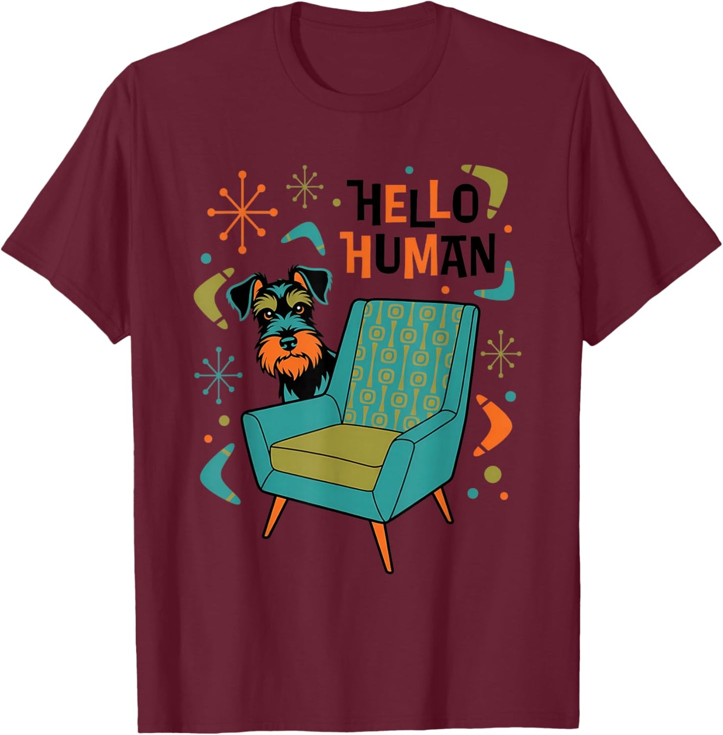 Schnauzer Peeking Mid Century Modern Dog Retro 50s Art T-Shirt - T-Shirt | Maroon