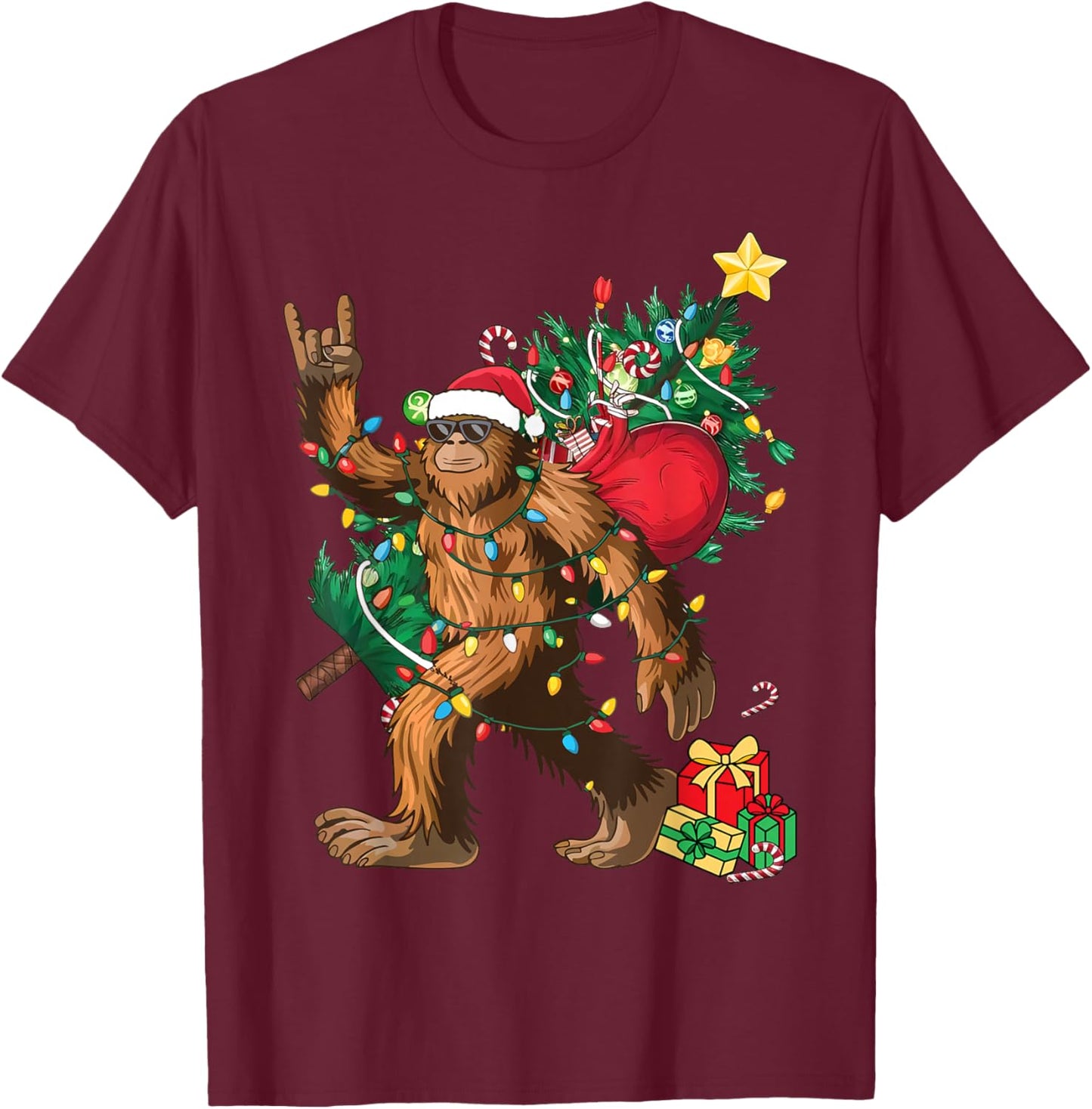 Bigfoot Christmas Tree Lights Xmas Boys Men Sasquatch Lovers T-Shirt - T-Shirt | Maroon
