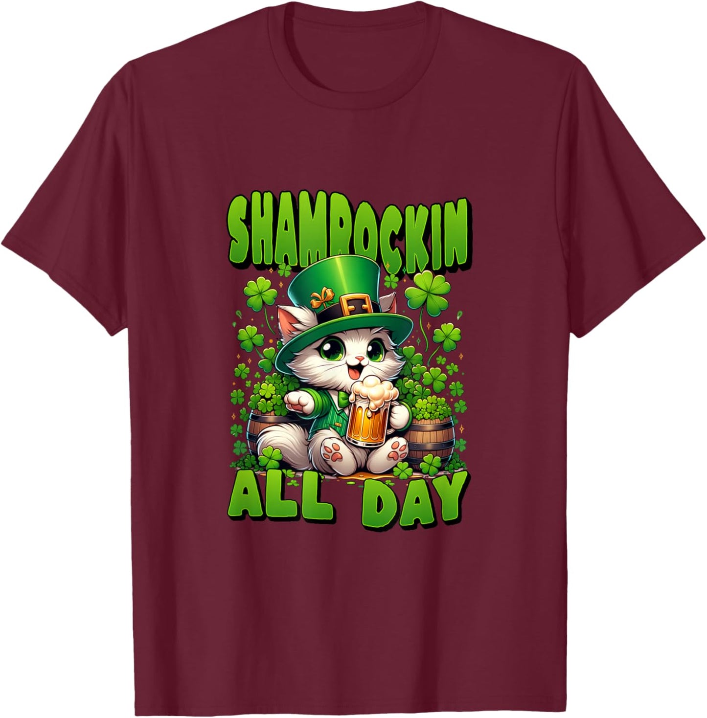 St Patrick's Day Shamrockin All Day. Cute Cat in Green Hat T-Shirt - T-Shirt | Maroon