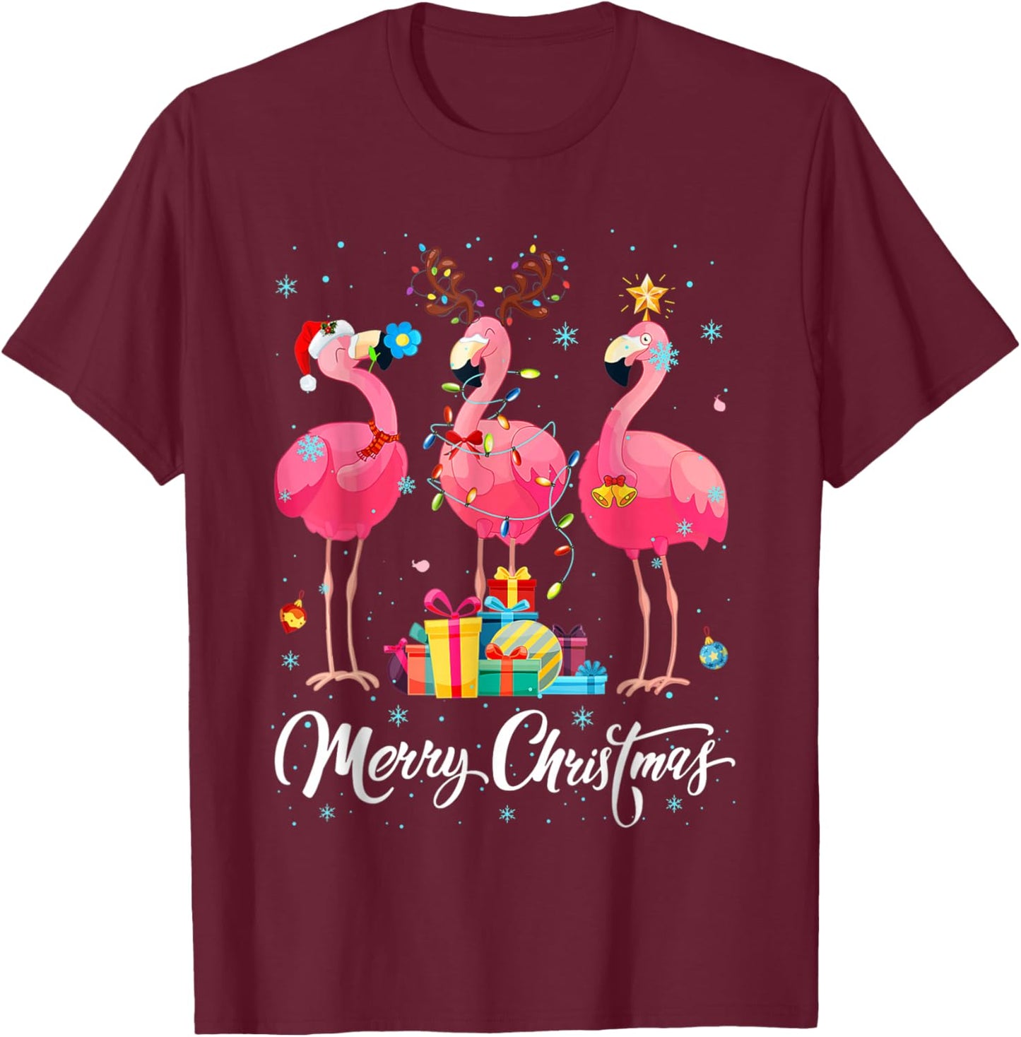 Merry Christmas Hat Santa Flamingo Light Christmas Snow Xmas T-Shirt - T-Shirt | Maroon