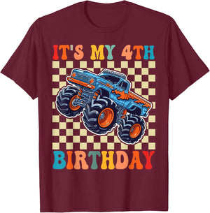 Birthday Monster Truck 4 Year Old Boys 4th Party Born 2022 T-Shirt - T-Shirt | Maroon