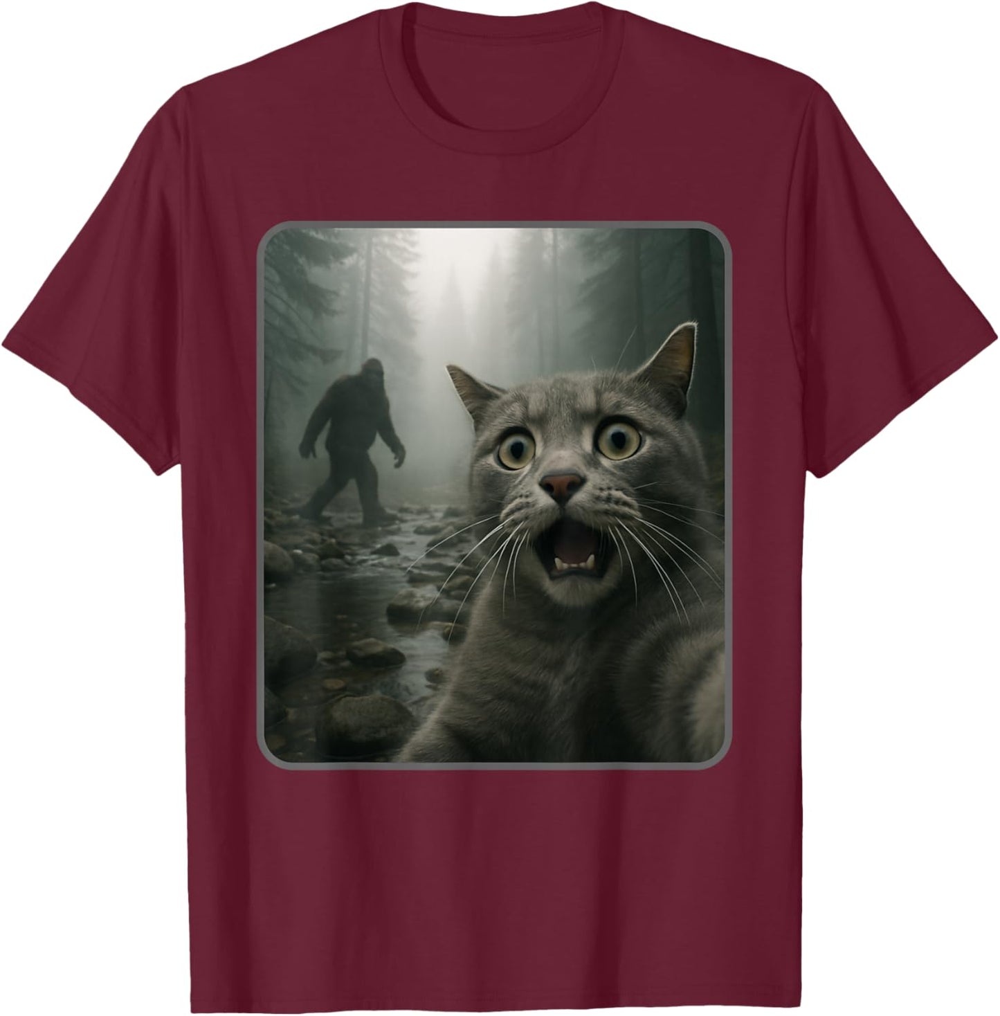Funny Cat Selfie with Bigfoot Meme T-Shirt - T-Shirt | Maroon