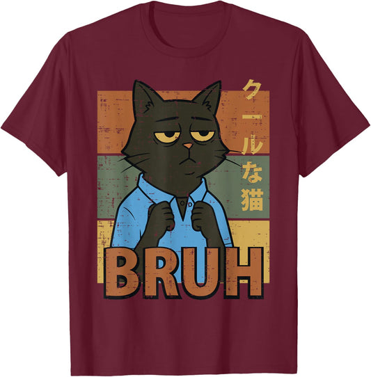 Black Cat Bruh Funny Meme Japanese Men Boys Kids Teen Youth T-Shirt - T-Shirt | Maroon
