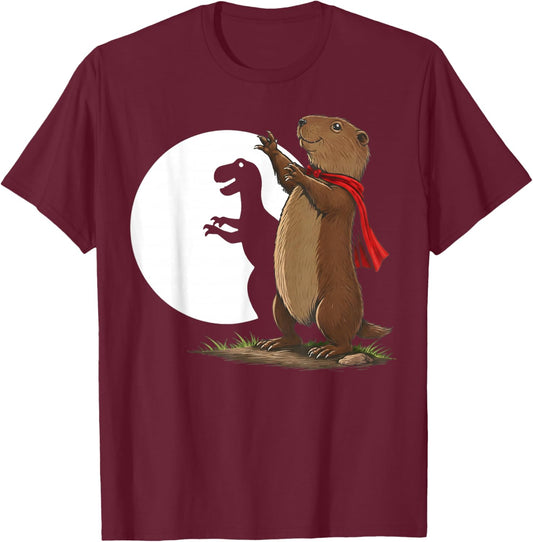 Groundhog Shadow Dinosaur Funny Puppet Happy Groundhog Day T-Shirt - T-Shirt | Maroon