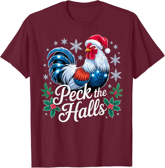 Peck The Halls Chicken Xmas Santa Hat Snowflakes Funny T-Shirt - T-Shirt | Maroon