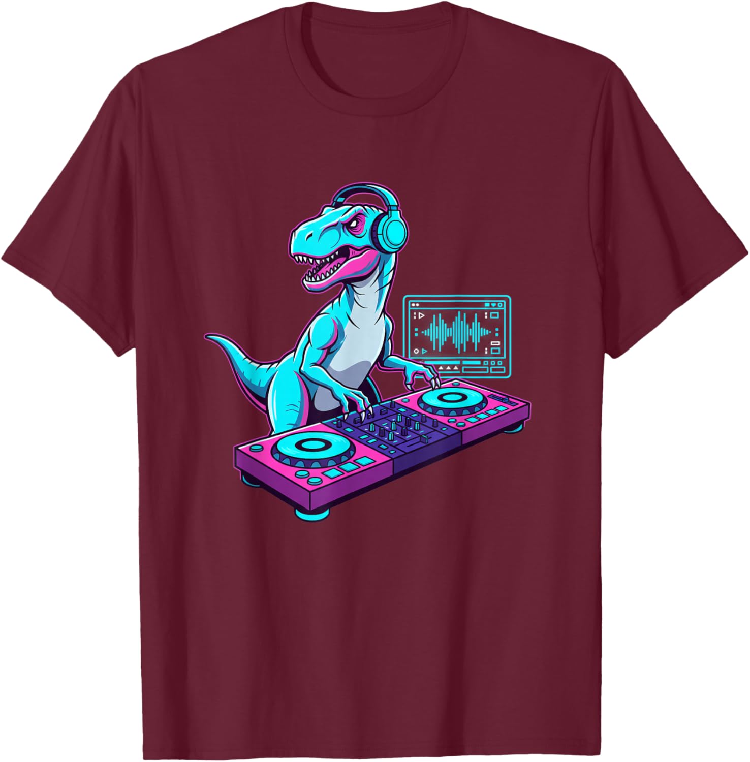 Mythical & Prehistoric DJ Dinosaur Raptor Turntable DJ T-Shirt - T-Shirt | Maroon