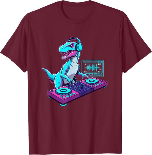 Mythical & Prehistoric DJ Dinosaur Raptor Turntable DJ T-Shirt - T-Shirt | Maroon