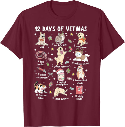 12 Days of Vermas Christmas Veterinary Medicine Vet Tech T-Shirt - T-Shirt | Maroon