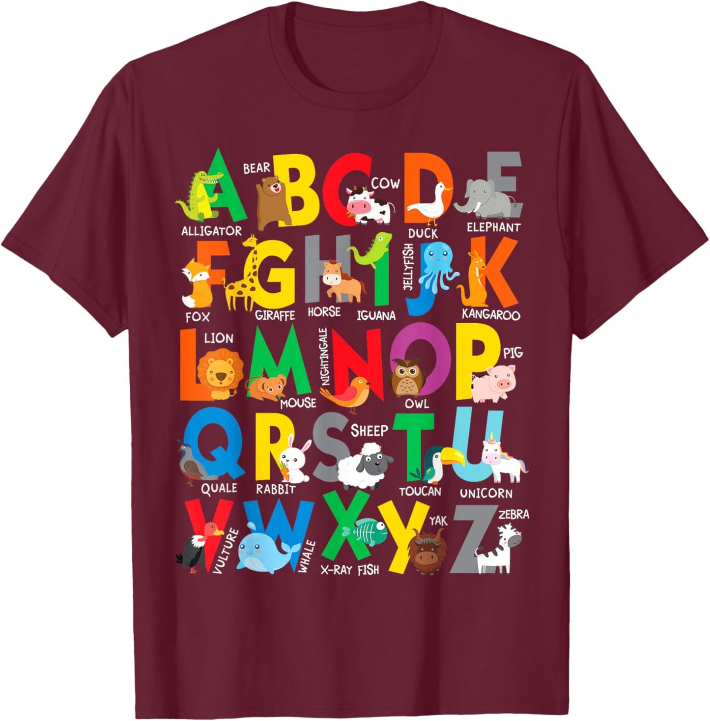 Zoo Animal Alphabet ABCs Learning Letters Boys Girls T-Shirt - T-Shirt | Maroon