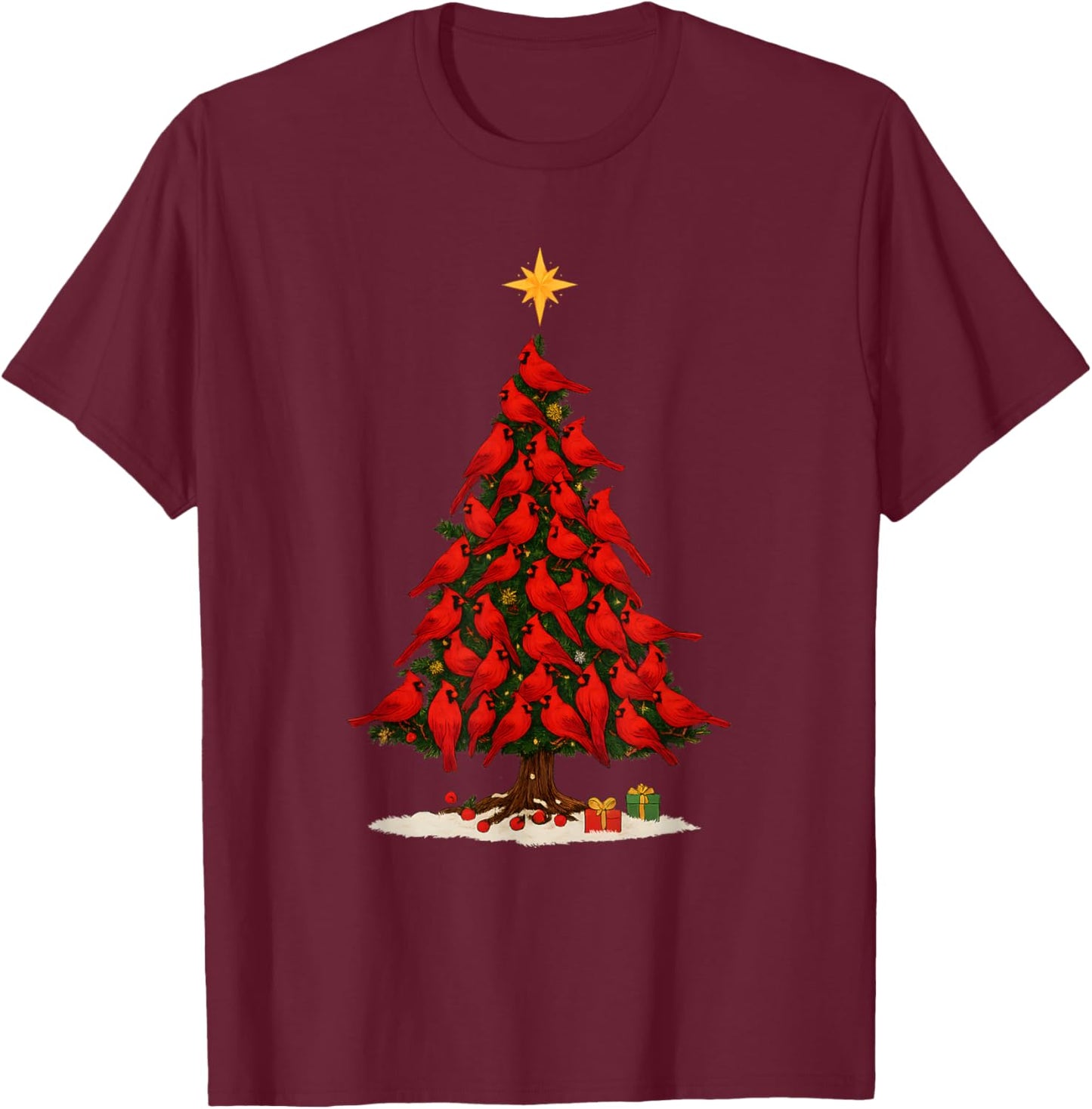Santa Cardinal Bird Christmas Tree Christmas Lights Lover T-Shirt - T-Shirt | Maroon