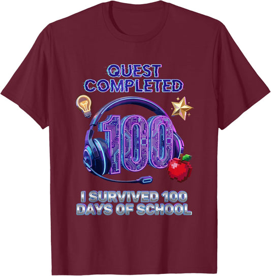 100th Days of School Cool Gaming Quest Completed Gamer Aura T-Shirt - T-Shirt | Maroon
