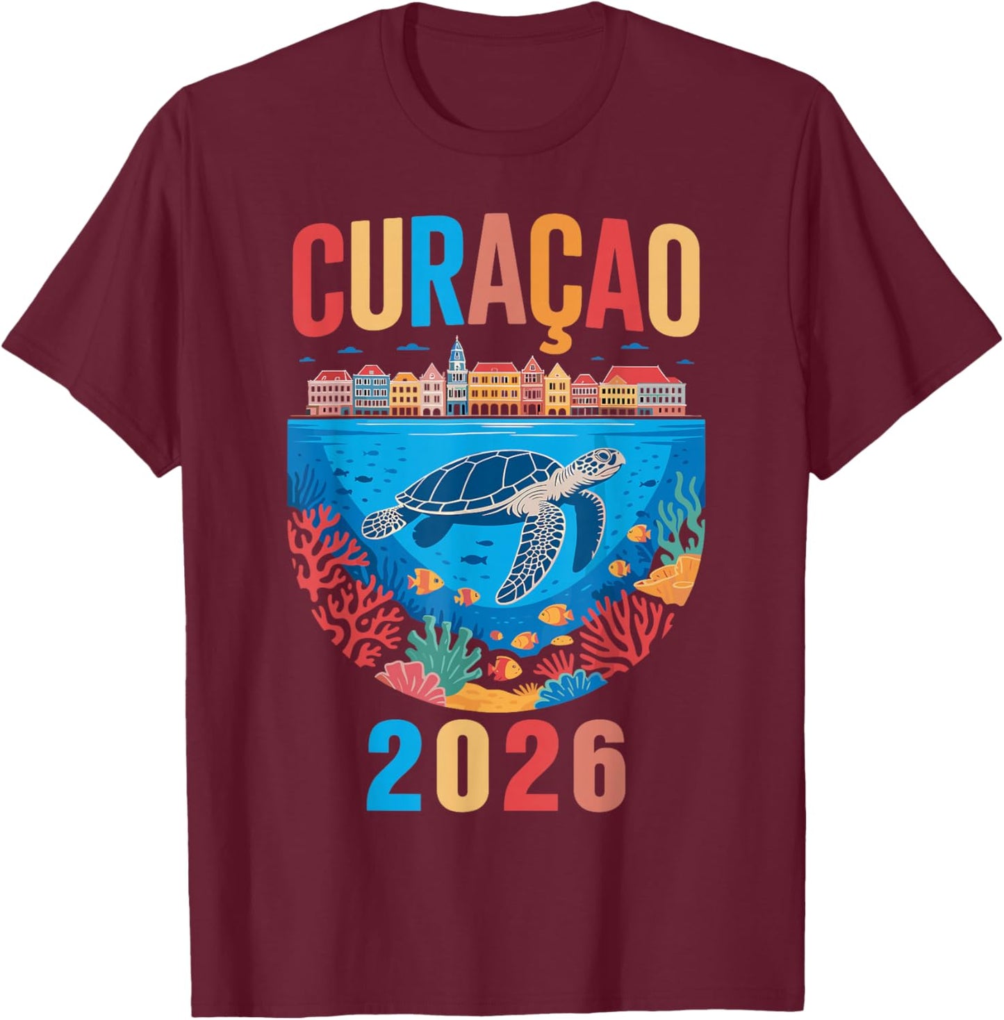 Retro Curacao Sea Turtle Caribbean Tropical Island Vacation T-Shirt - T-Shirt | Maroon