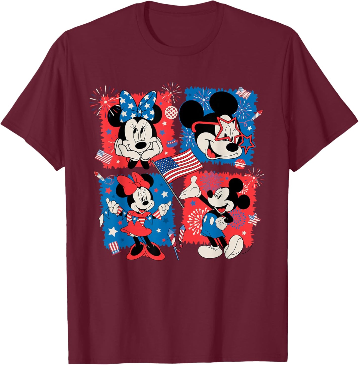Disney Mickey & Minnie Americana 4th of July Grid USA 250th T-Shirt - T-Shirt | Maroon