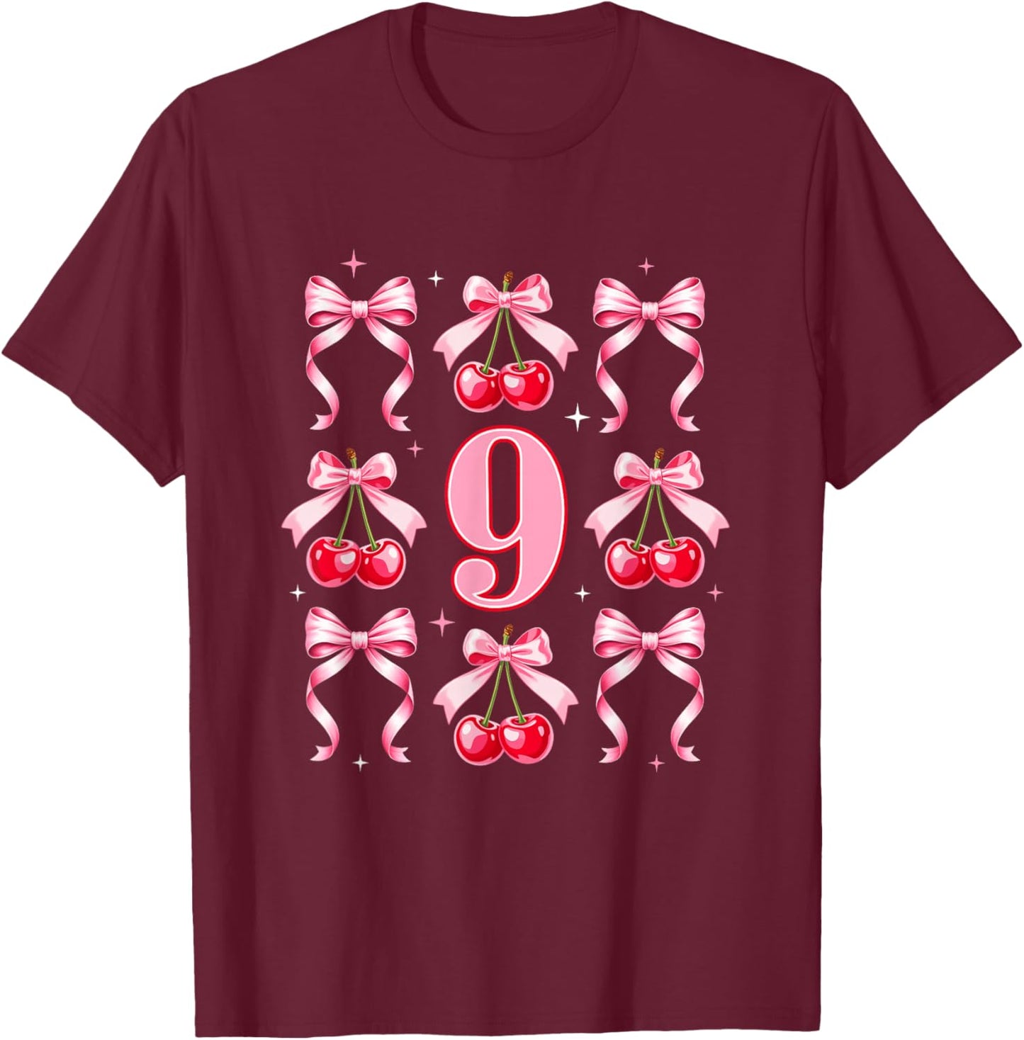 Birthday Girl 9Th Birthday Cherry Coquette Bow 9 Years Old T-Shirt - T-Shirt | Maroon