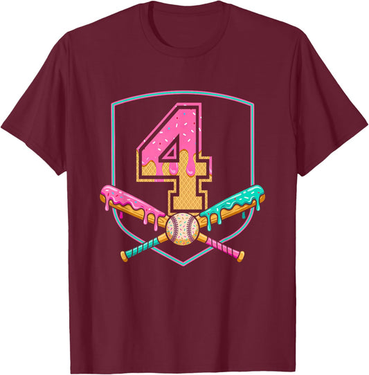 4th Birthday Baseball Bat Ice-Cream Drip 4yrs Old Boys Girls T-Shirt - T-Shirt | Maroon