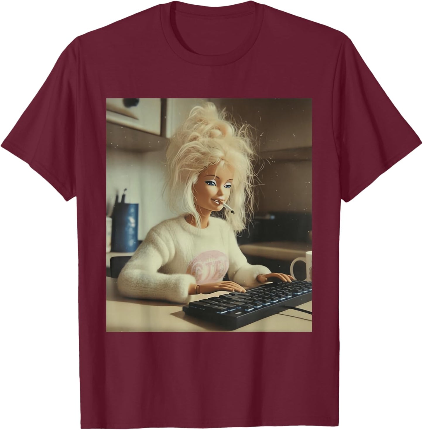 Funny Doll Face Working and Smoking Distressed Meme T-Shirt - T-Shirt | Maroon