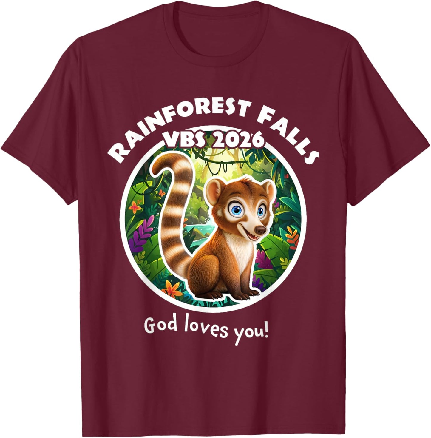 Rainforest Falls VBS 2026 Lemur Jesus Faith Bible Verse Kids T-Shirt - T-Shirt | Maroon