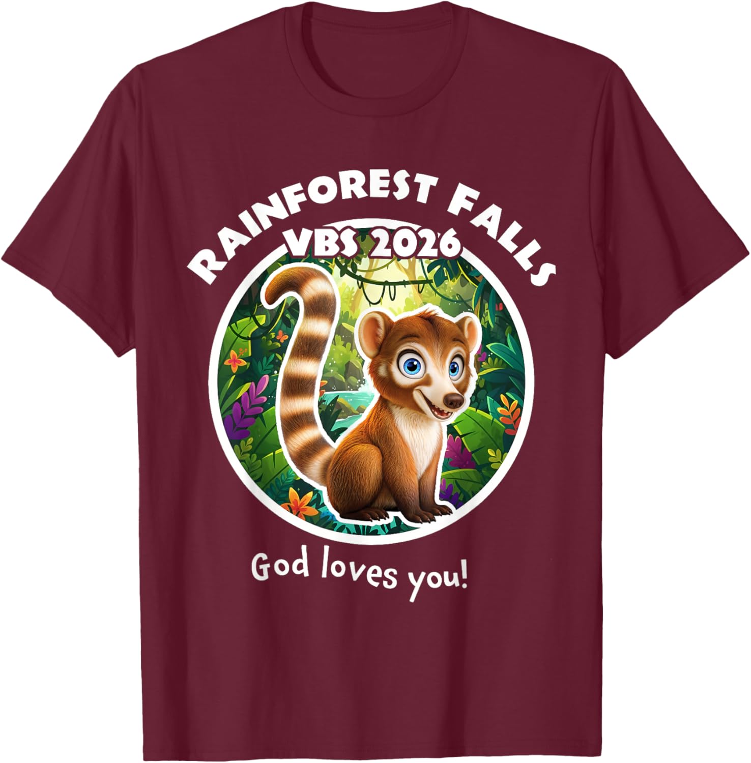 Rainforest Falls VBS 2026 Lemur Jesus Faith Bible Verse Kids T-Shirt - T-Shirt | Maroon