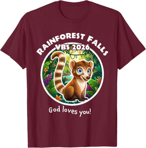 Rainforest Falls VBS 2026 Lemur Jesus Faith Bible Verse Kids T-Shirt - T-Shirt | Maroon