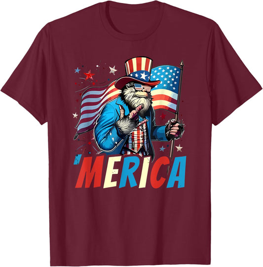Bigfoot Merica Rock American Flag Sasquatch 4th of July T-Shirt - T-Shirt | Maroon