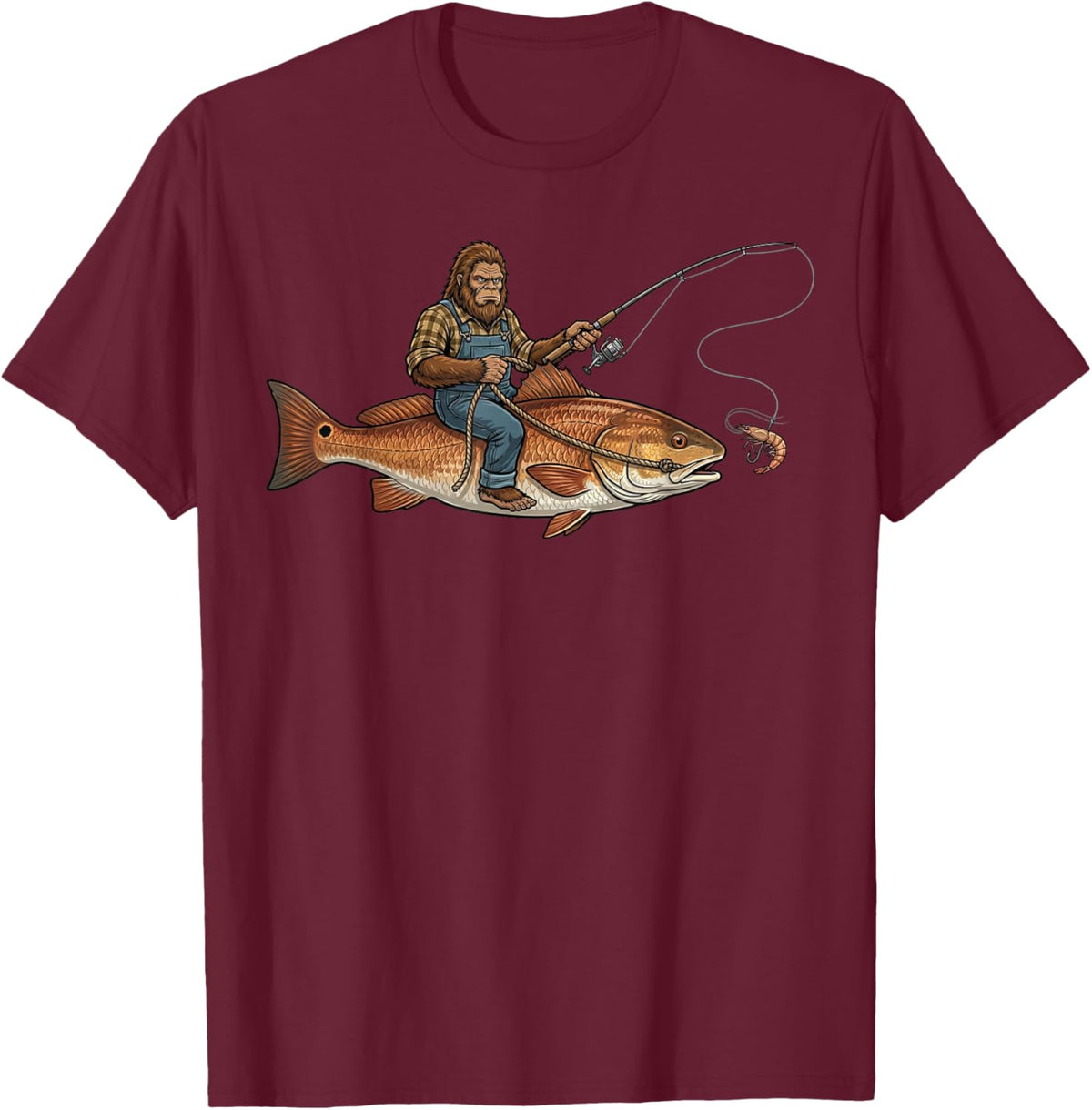 Redfish Fishing Bigfoot Riding Fisherman Funny Angler T-Shirt - T-Shirt | Maroon