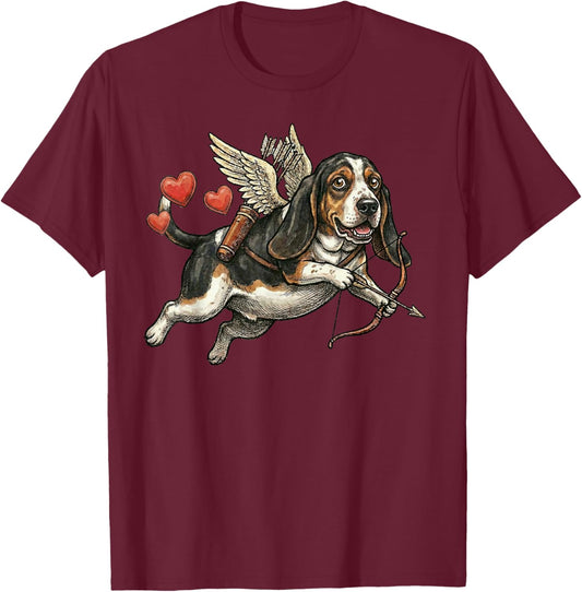 Basset Hound Dog Angel Flying Love Hearts Valentine T-Shirt - T-Shirt | Maroon