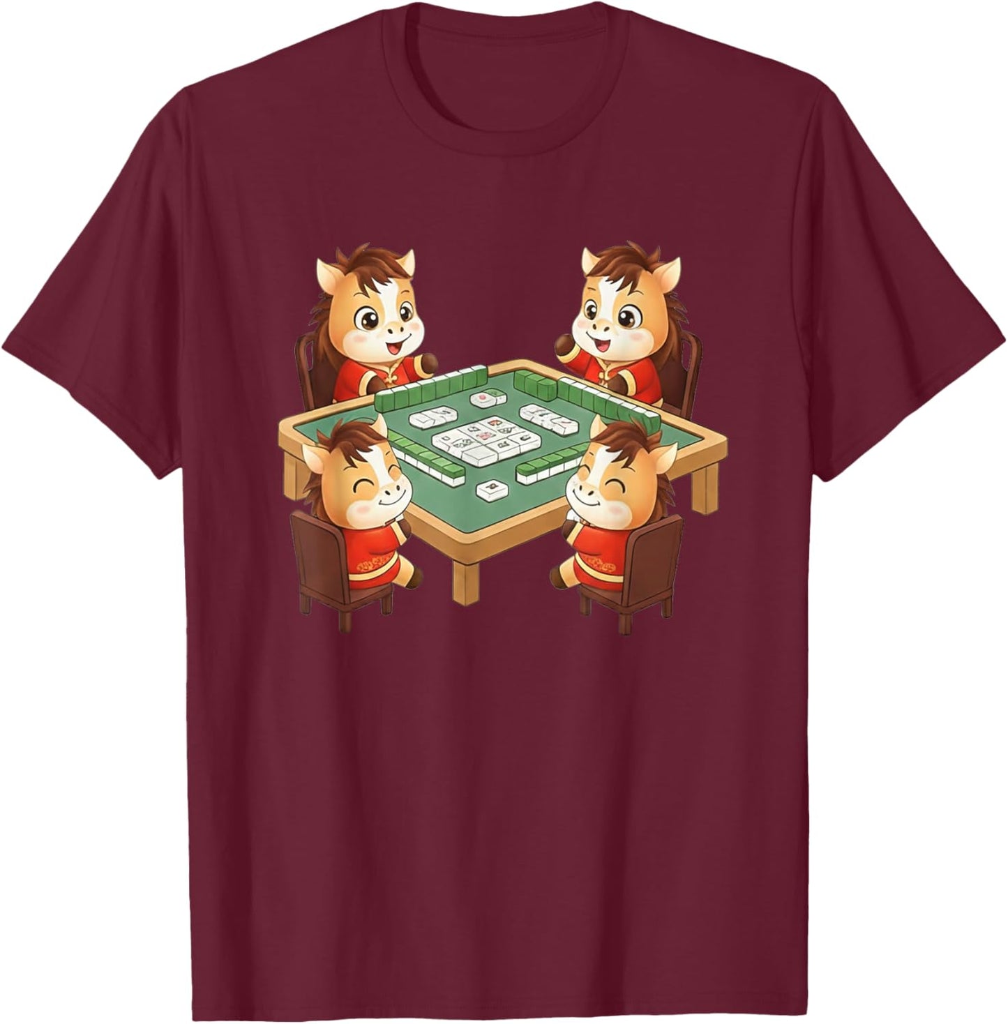 Chinese New Year 2026 Year of The Horse Mahjong Family Group T-Shirt - T-Shirt | Maroon