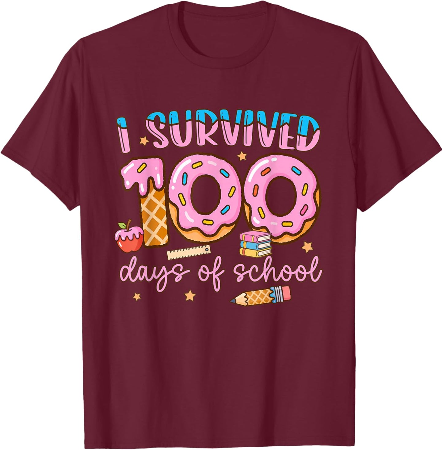 I Survived 100 Days of School Sprinkled Donuts Teacher Kid T-Shirt - T-Shirt | Maroon