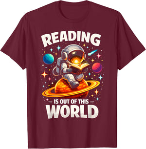 Reading is Out of This World Astronaut Book Lover Teacher T-Shirt - T-Shirt | Maroon