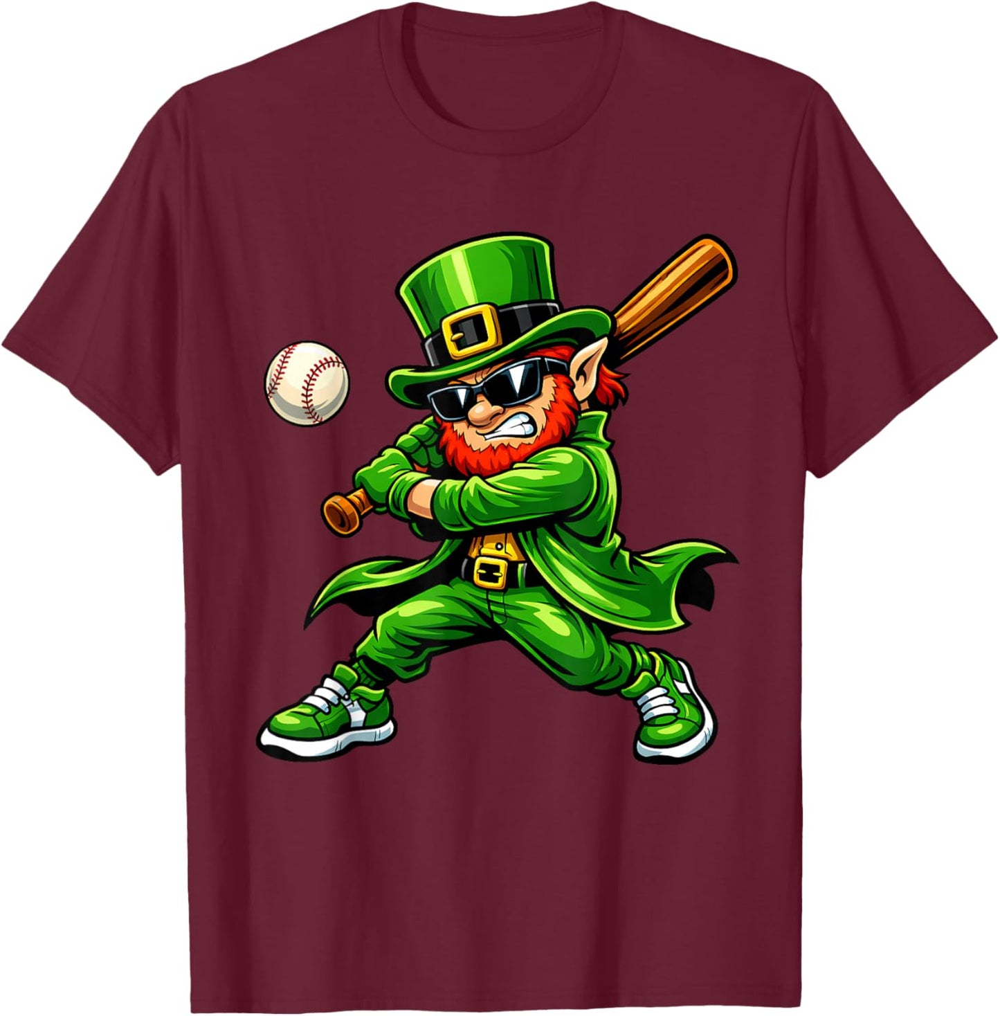 Baseball St Patricks Day Boys Kids Sport Leprechaun Shamrock T-Shirt - T-Shirt | Maroon