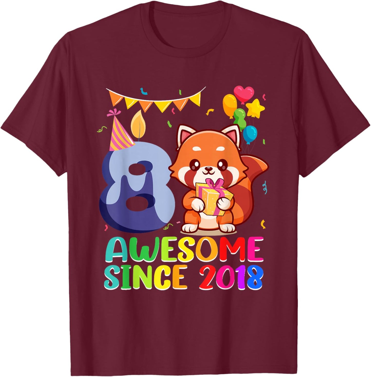 8th Birthday Red Panda Awesome Since 2018 8 Year Old T-Shirt - T-Shirt | Maroon
