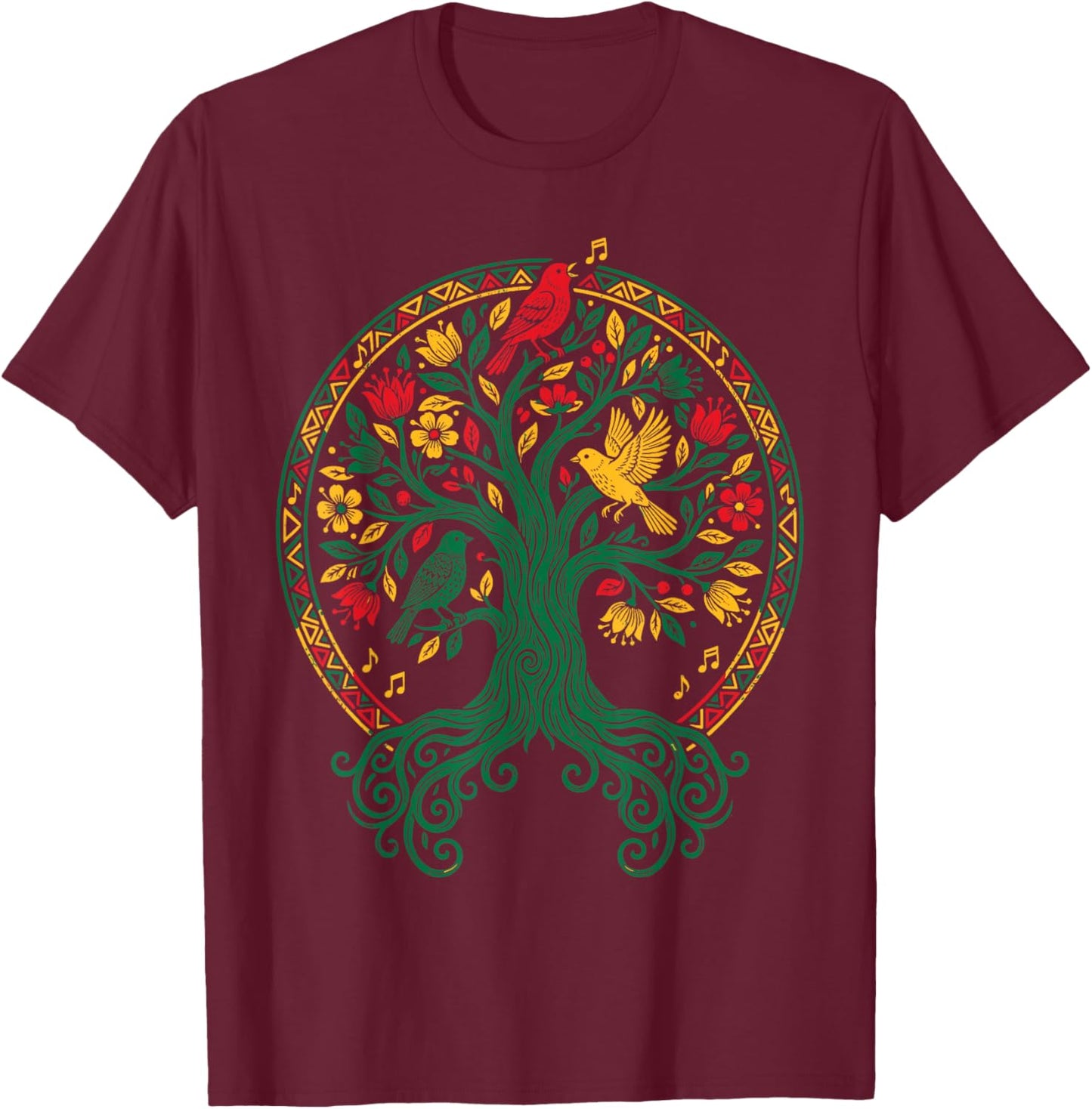 Reggae Tree Life Rasta Roots Singing Birds Music T-Shirt - T-Shirt | Maroon