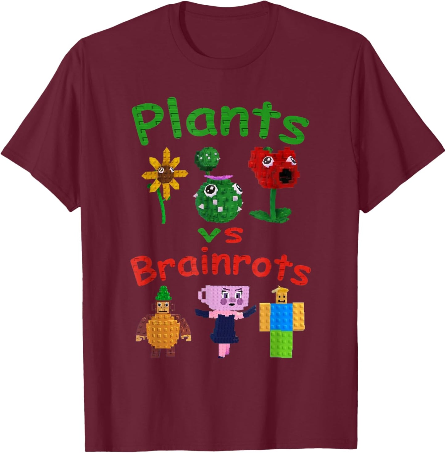 Plants Vs Brainrots Funny Gamer Kids Boys Girls T-Shirt - T-Shirt | Maroon