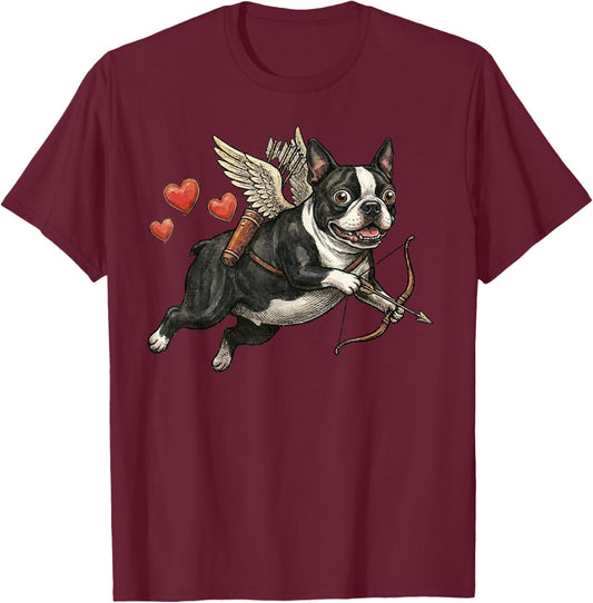 Boston Terrier Cupid Dog Valentine Love Hearts Bow Arrow T-Shirt - T-Shirt | Maroon