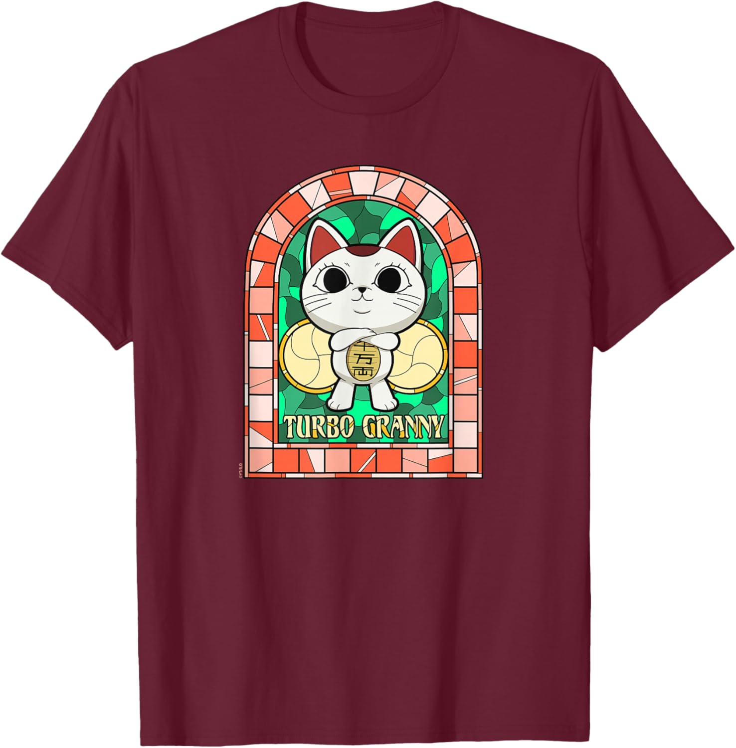Dan Da Dan Turbo Granny Lucky Cat Stained Glass Anime T-Shirt - T-Shirt | Maroon