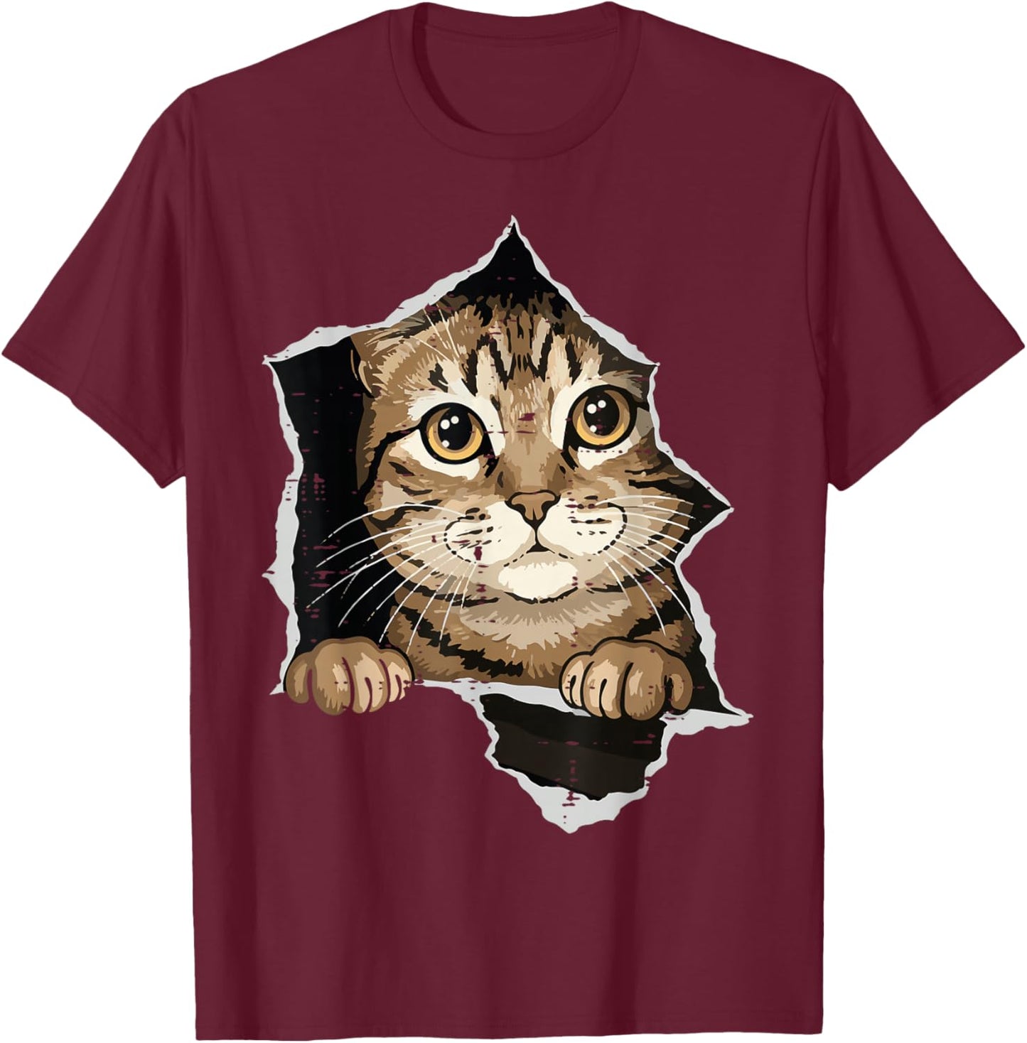 Cat Peeking Torn Paper Cute Kitten Kitty Women Girls Kids T-Shirt - T-Shirt | Maroon